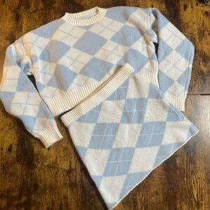 Blue and White Argyle Sweater Skirt Two Piece Set